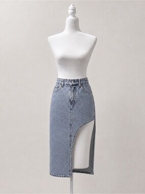 Ambar Light Wash Denim Midi Skirt with Side Cutout – Size S